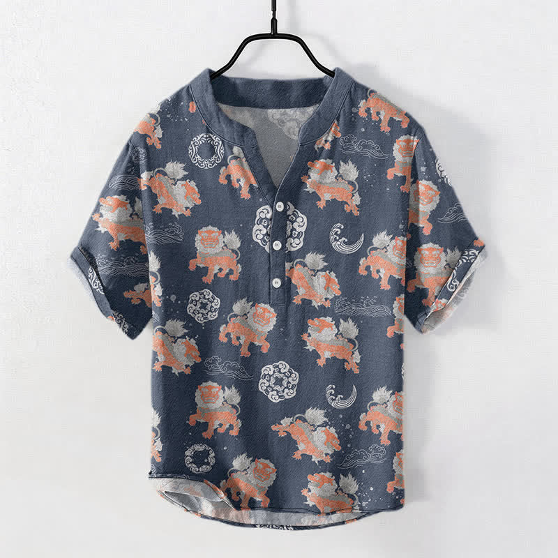 Buddha Stones Chemise à manches courtes pour homme Cotton Lion Waves Cloud, coupe carrée légère style resort. - image 7