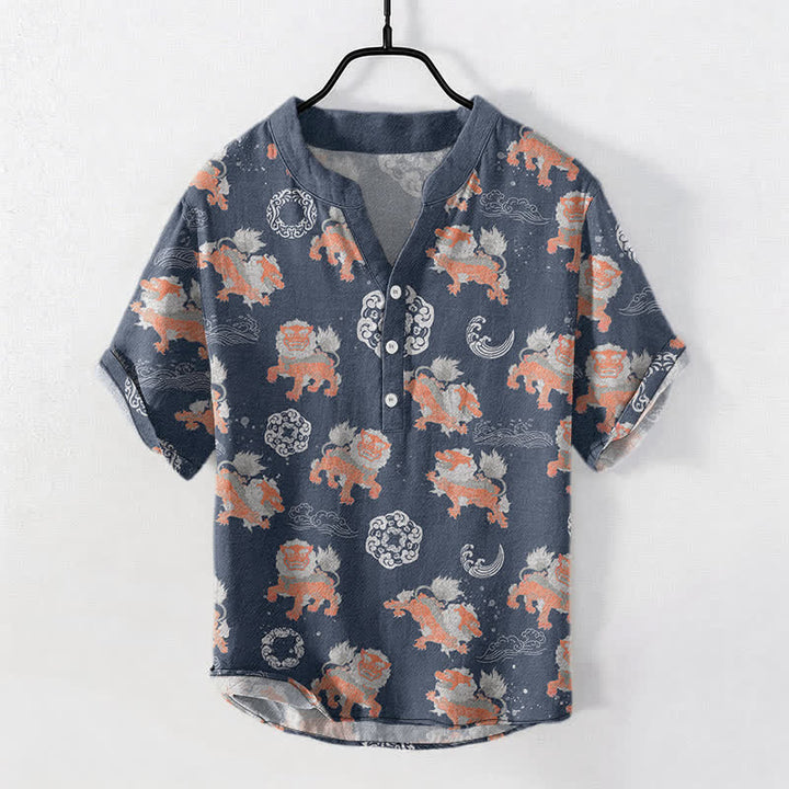 Buddha Stones Chemise à manches courtes pour homme Cotton Lion Waves Cloud, coupe carrée légère style resort. - image 7