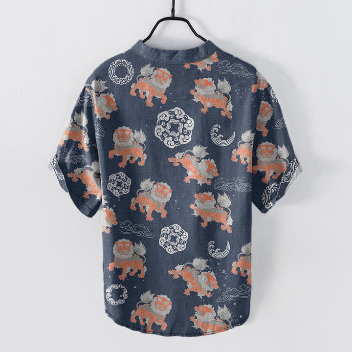 Buddha Stones Chemise à manches courtes pour homme Cotton Lion Waves Cloud, coupe carrée légère style resort. - image 8