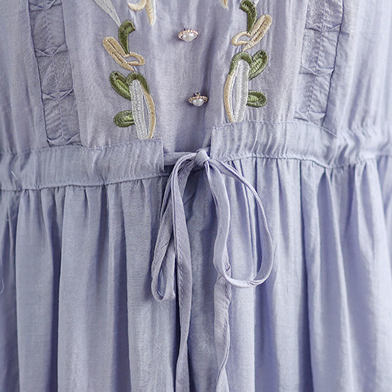 Buddha Stones Robe femme printanière à broderies florales, col en V, ceinture à nouer à la taille, manches aux coudes et poches - image 7