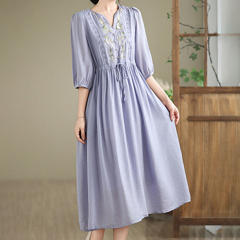 Buddha Stones Robe femme printanière à broderies florales, col en V, ceinture à nouer à la taille, manches aux coudes et poches - image 1