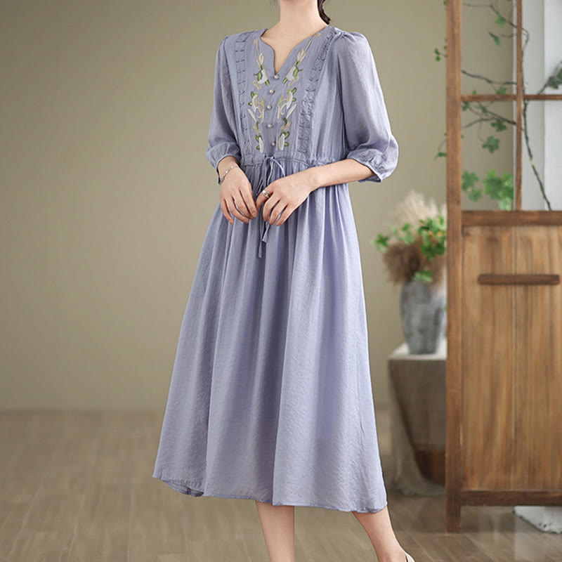 Buddha Stones Robe femme printanière à broderies florales, col en V, ceinture à nouer à la taille, manches aux coudes et poches - image 5