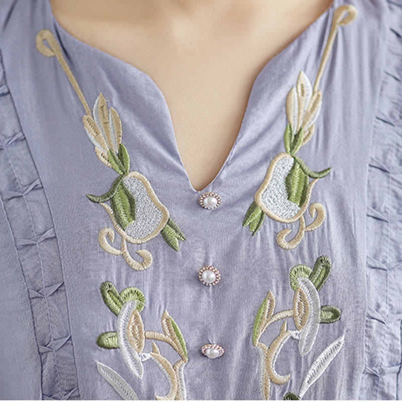 Buddha Stones Robe femme printanière à broderies florales, col en V, ceinture à nouer à la taille, manches aux coudes et poches - image 6