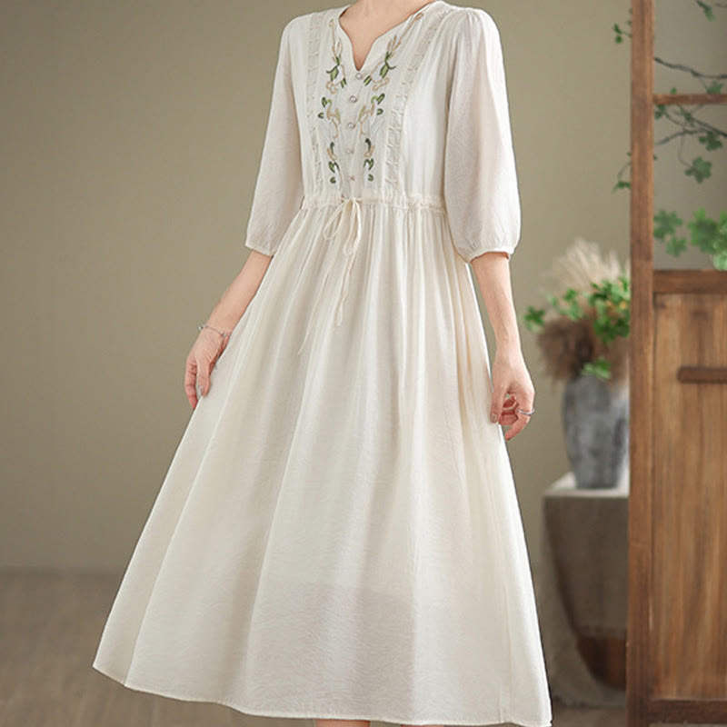 Buddha Stones Robe femme printanière à broderies florales, col en V, ceinture à nouer à la taille, manches aux coudes et poches - image 13