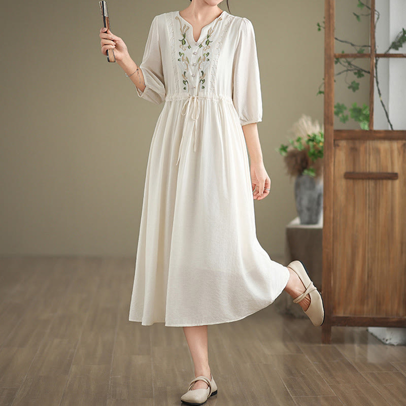 Buddha Stones Robe femme printanière à broderies florales, col en V, ceinture à nouer à la taille, manches aux coudes et poches - image 15