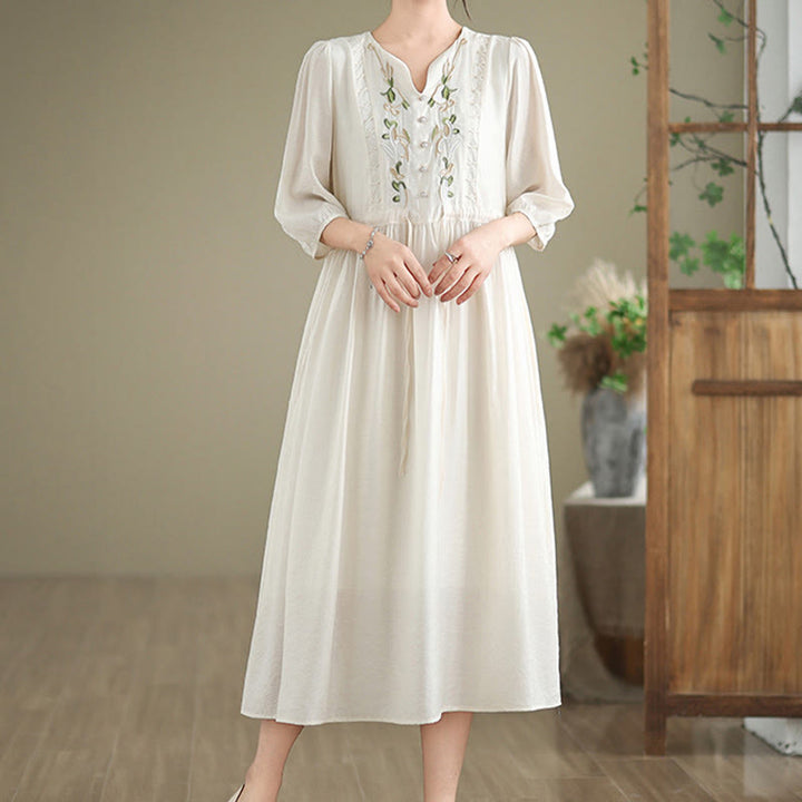 Buddha Stones Robe femme printanière à broderies florales, col en V, ceinture à nouer à la taille, manches aux coudes et poches - image 12