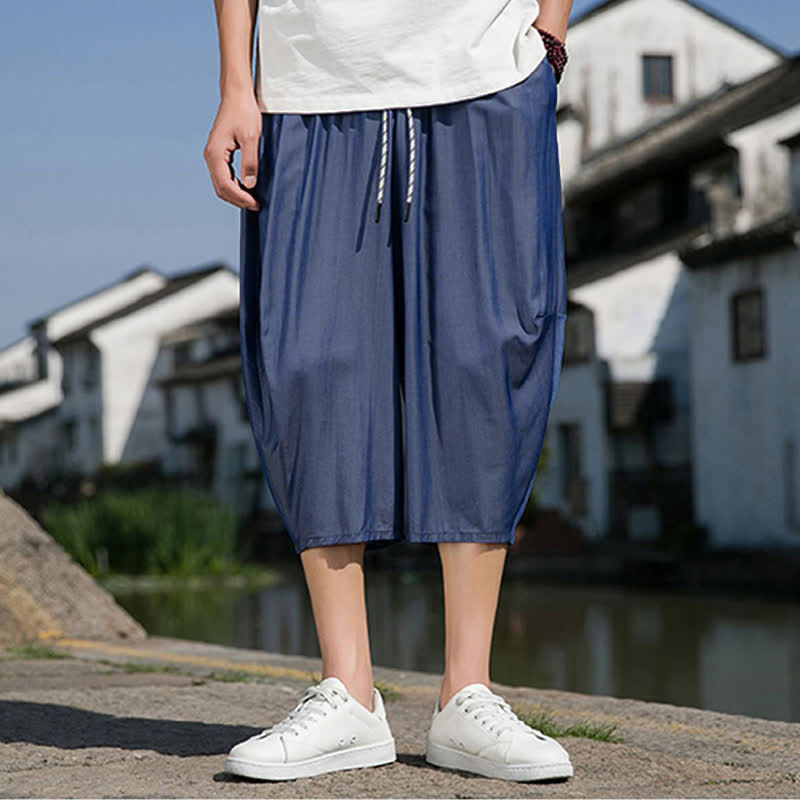 Buddha Stones Pantalon d'été mi-long fuselé pour homme, taille élastique avec cordon de serrage, couleur unie, avec poches - image 1