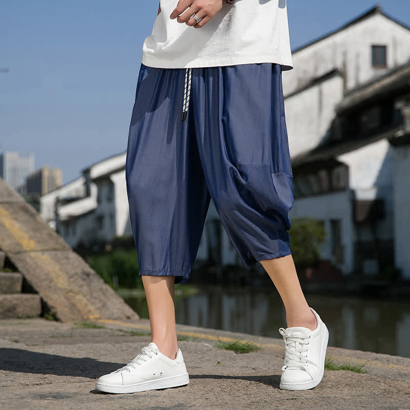 Buddha Stones Pantalon d'été mi-long fuselé pour homme, taille élastique avec cordon de serrage, couleur unie, avec poches - Bleu ardoise - US/UK/AU46，EU56 (5XL) - image 0