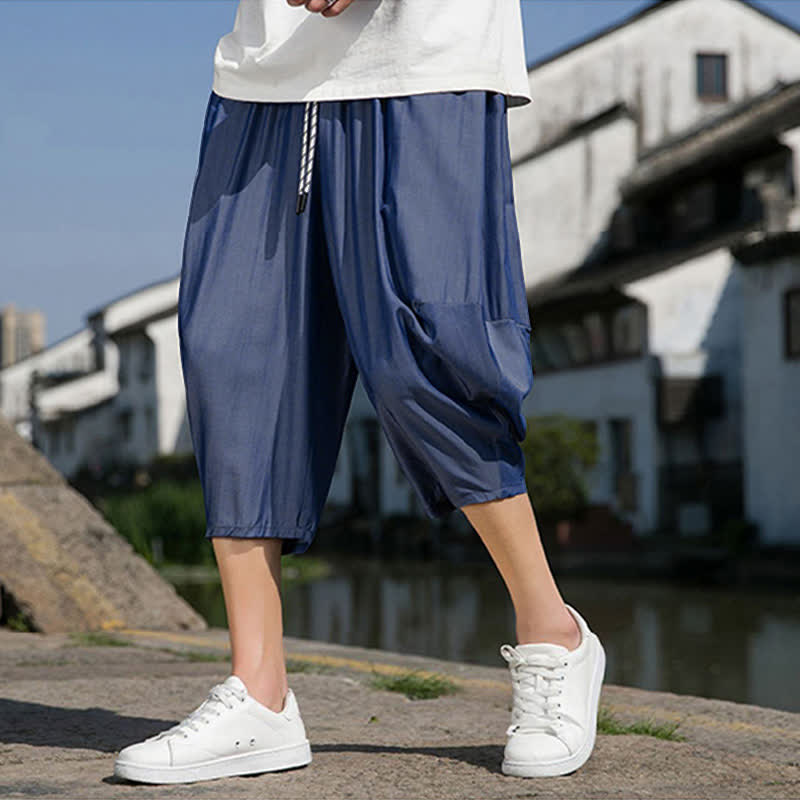 Buddha Stones Pantalon d'été mi-long fuselé pour homme, taille élastique avec cordon de serrage, couleur unie, avec poches - image 4