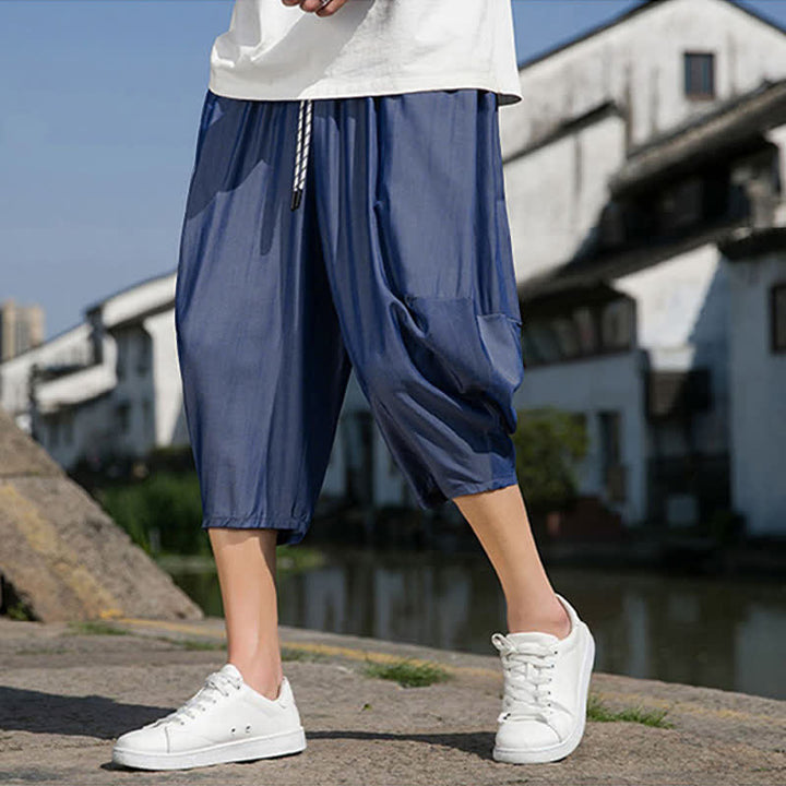 Buddha Stones Pantalon d'été mi-long fuselé pour homme, taille élastique avec cordon de serrage, couleur unie, avec poches - image 4