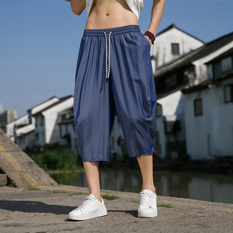 Buddha Stones Pantalon d'été mi-long fuselé pour homme, taille élastique avec cordon de serrage, couleur unie, avec poches - image 5