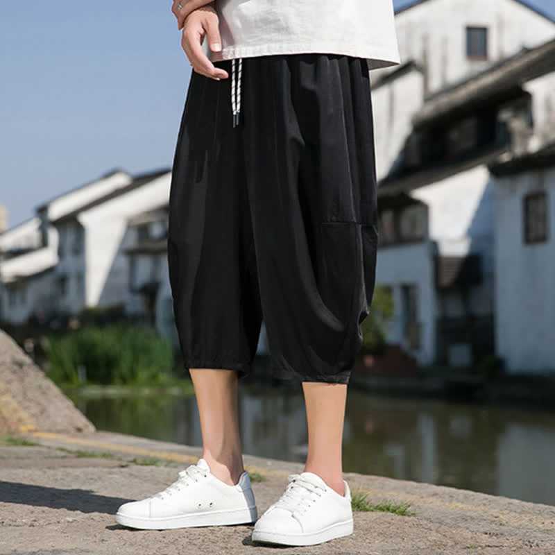 Buddha Stones Pantalon d'été mi-long fuselé pour homme, taille élastique avec cordon de serrage, couleur unie, avec poches - image 27