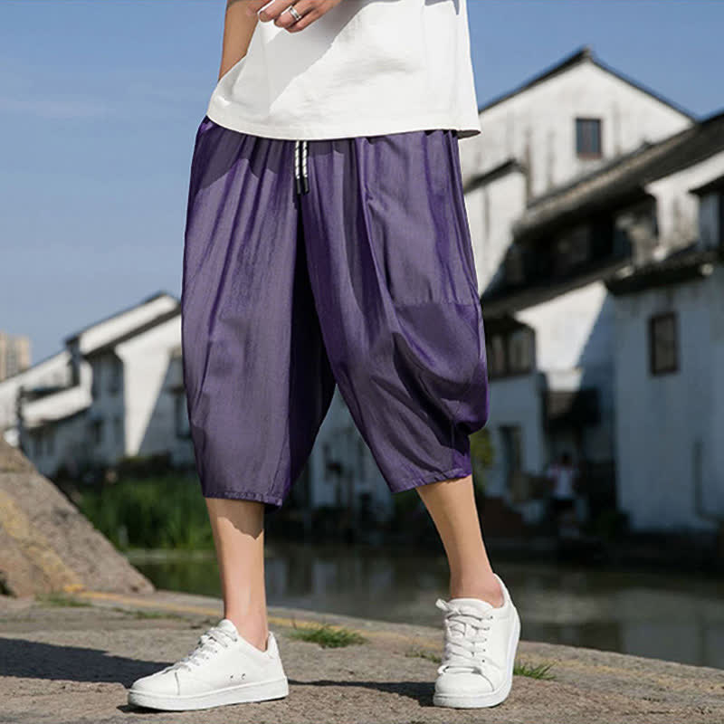 Buddha Stones Pantalon d'été mi-long fuselé pour homme, taille élastique avec cordon de serrage, couleur unie, avec poches - BleuViolet - US/UK/AU46，EU56 (5XL) - image 28