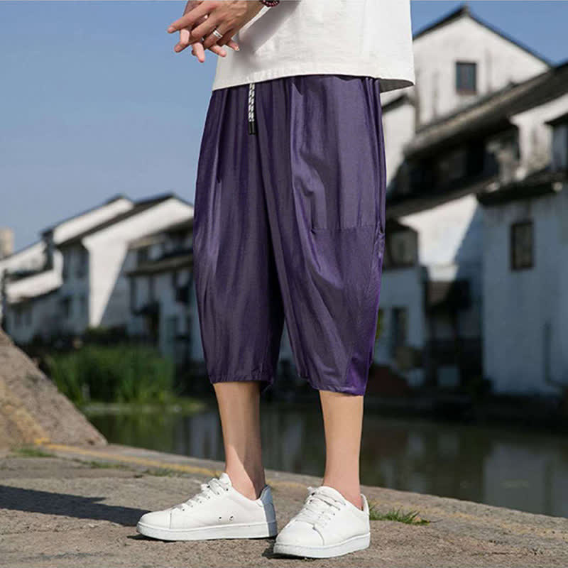 Buddha Stones Pantalon d'été mi-long fuselé pour homme, taille élastique avec cordon de serrage, couleur unie, avec poches - image 33