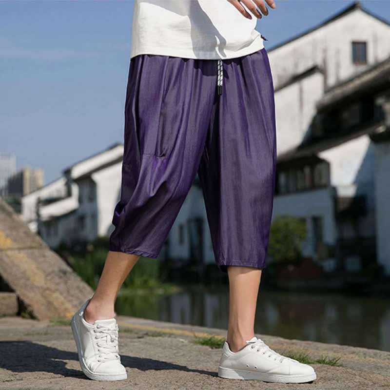 Buddha Stones Pantalon d'été mi-long fuselé pour homme, taille élastique avec cordon de serrage, couleur unie, avec poches - image 30