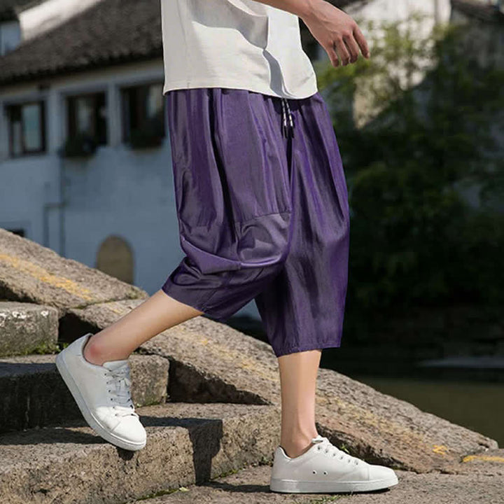 Buddha Stones Pantalon d'été mi-long fuselé pour homme, taille élastique avec cordon de serrage, couleur unie, avec poches - image 36