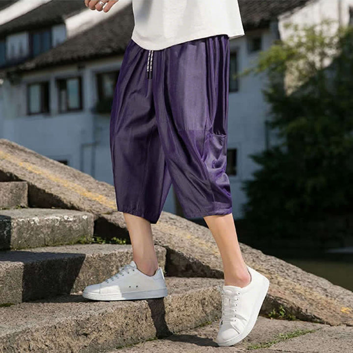 Buddha Stones Pantalon d'été mi-long fuselé pour homme, taille élastique avec cordon de serrage, couleur unie, avec poches - image 34