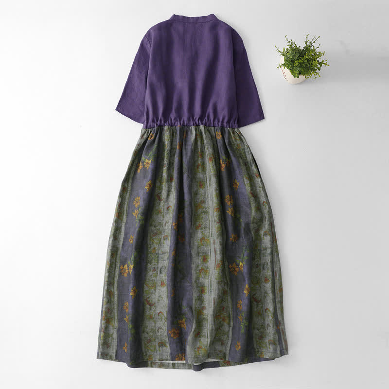 Buddha Stones Robe d'été à col en V, taille élastiquée, manches courtes, imprimé floral, poches, col montant, taille à cordon - image 1
