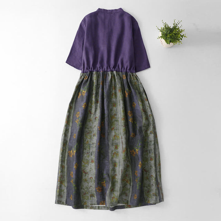 Buddha Stones Robe d'été à col en V, taille élastiquée, manches courtes, imprimé floral, poches, col montant, taille à cordon - image 1
