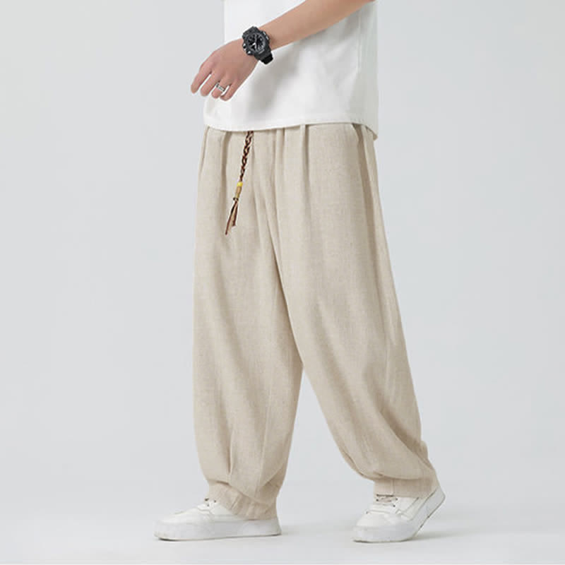 Buddha Stones Pantalon d'été pour homme, coupe droite, longueur cheville, cordon de serrage, couleur unie - Beige - US/UK/AU46，EU56 (5XL) - image 0