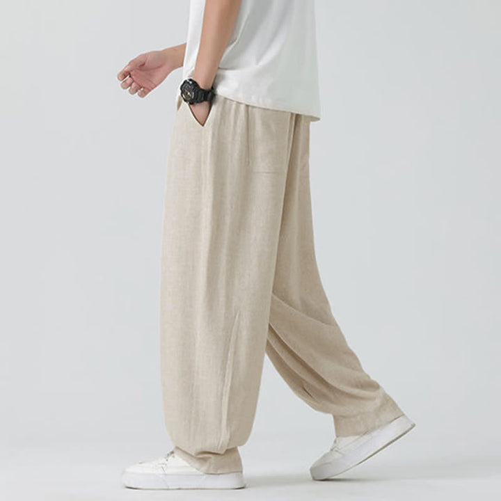 Buddha Stones Pantalon d'été pour homme, coupe droite, longueur cheville, cordon de serrage, couleur unie - image 2