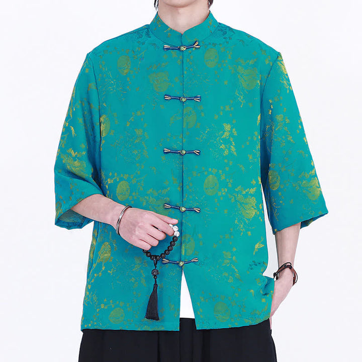 Buddha Stones Chemise d'été élégante vintage à col mandarin, motif nuage doré et manches coudes pour homme - Turquoise - US/UK/AU46，EU56 (5XL) - image 7