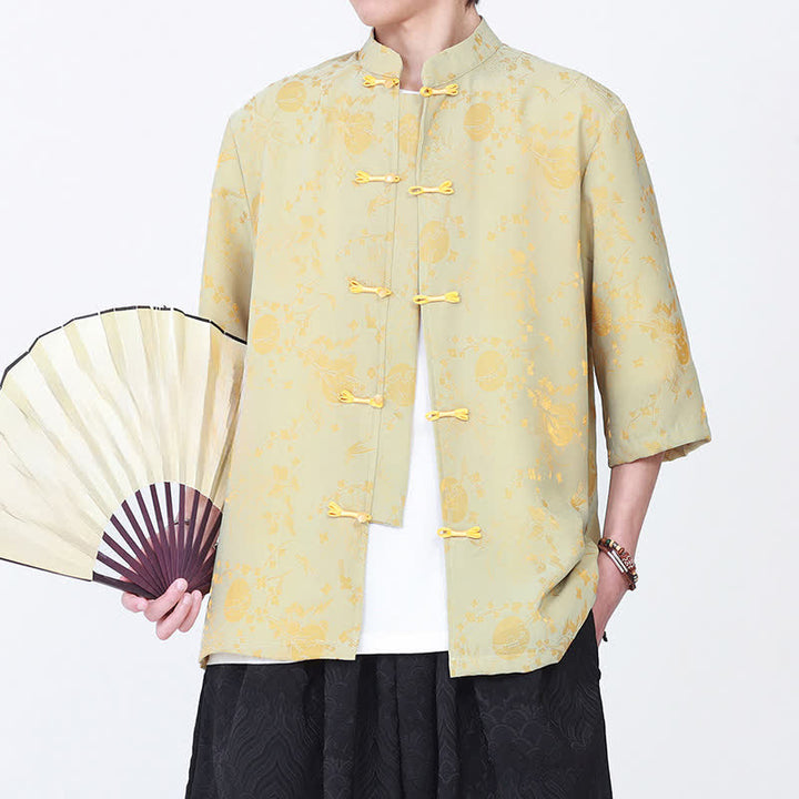 Buddha Stones Chemise d'été élégante vintage à col mandarin, motif nuage doré et manches coudes pour homme - image 4