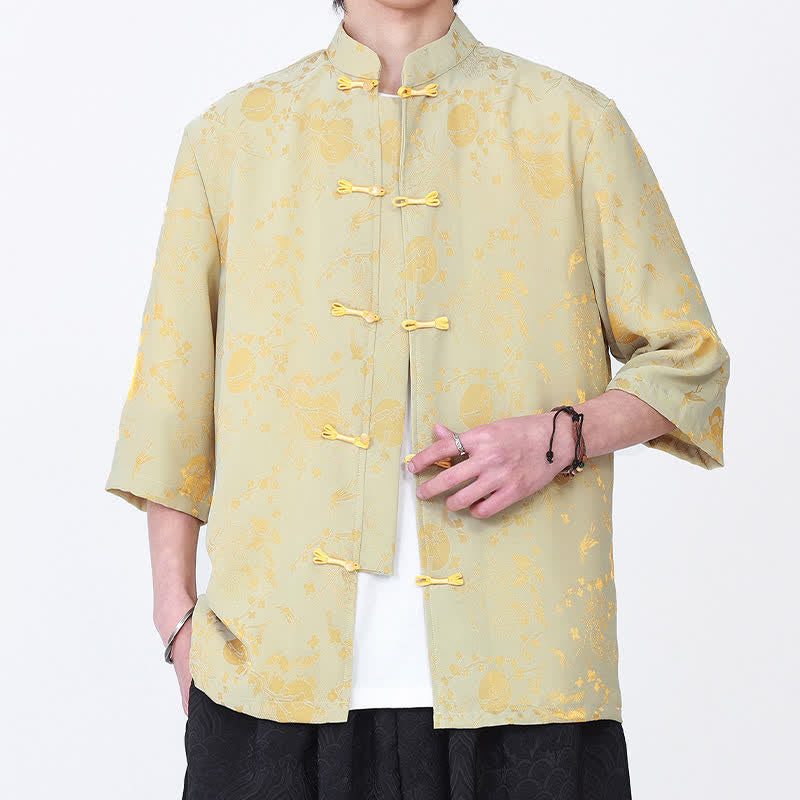 Buddha Stones Chemise d'été élégante vintage à col mandarin, motif nuage doré et manches coudes pour homme - image 2