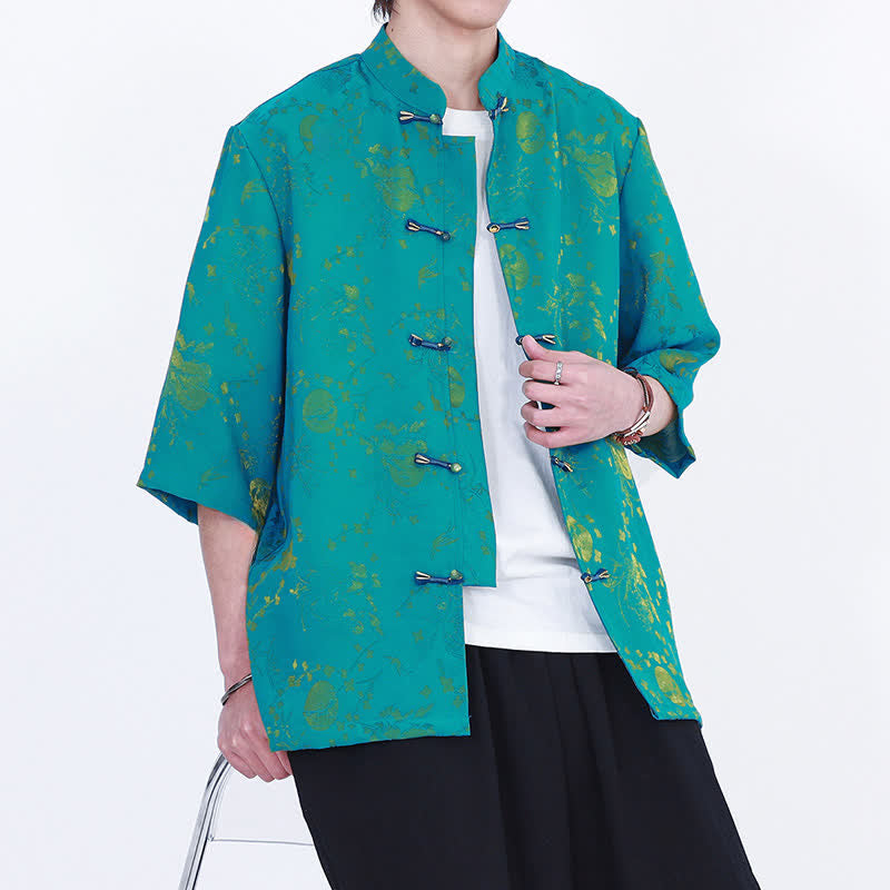 Buddha Stones Chemise d'été élégante vintage à col mandarin, motif nuage doré et manches coudes pour homme - image 8