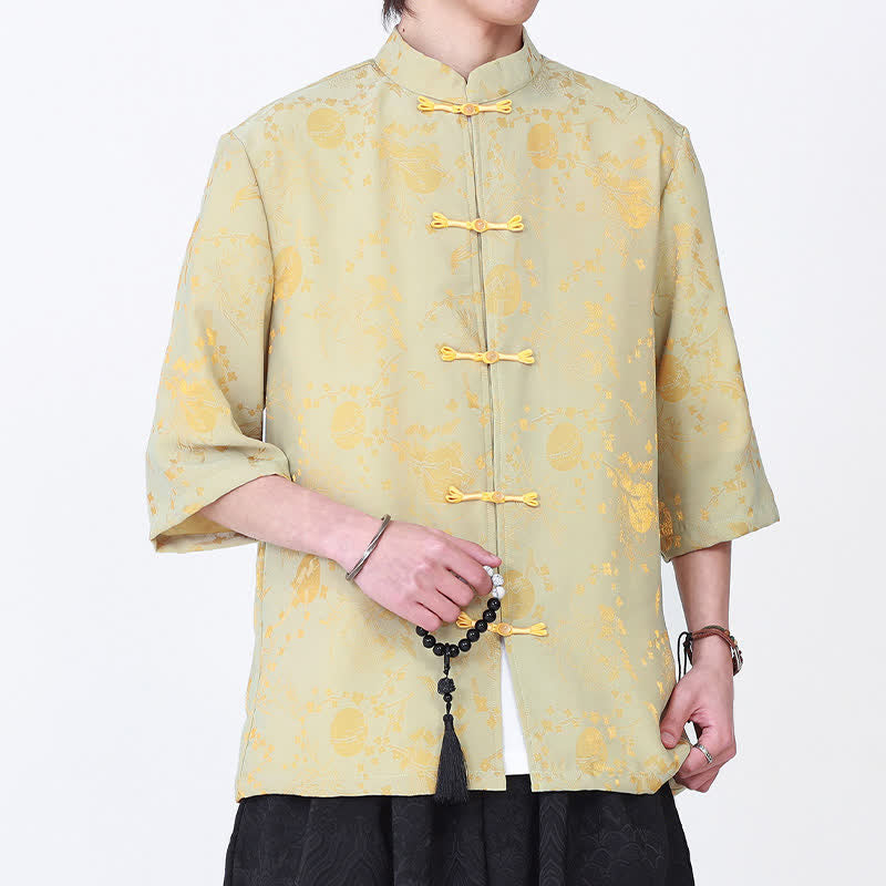 Buddha Stones Chemise d'été élégante vintage à col mandarin, motif nuage doré et manches coudes pour homme - Kaki - US/UK/AU46，EU56 (5XL) - image 0
