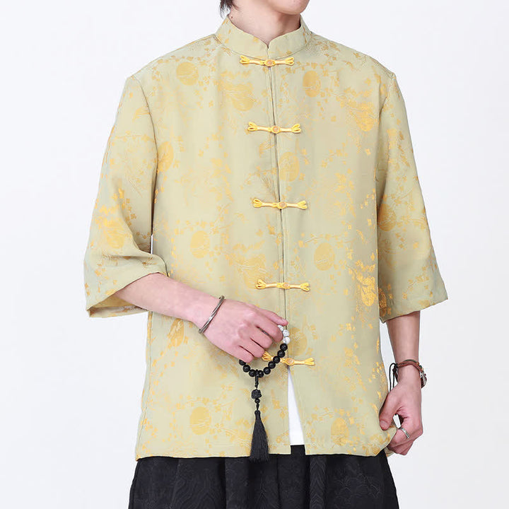 Buddha Stones Chemise d'été élégante vintage à col mandarin, motif nuage doré et manches coudes pour homme - Kaki - US/UK/AU46，EU56 (5XL) - image 0
