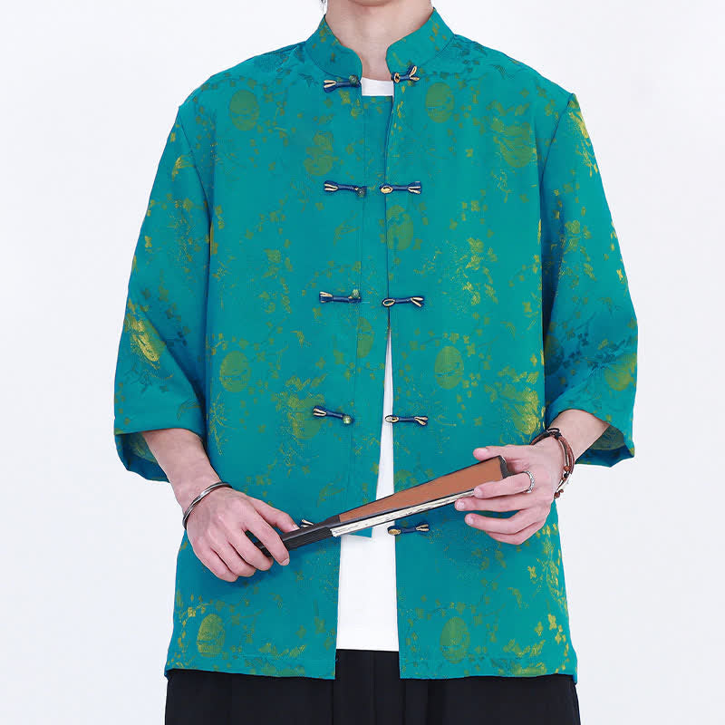 Buddha Stones Chemise d'été élégante vintage à col mandarin, motif nuage doré et manches coudes pour homme - image 13