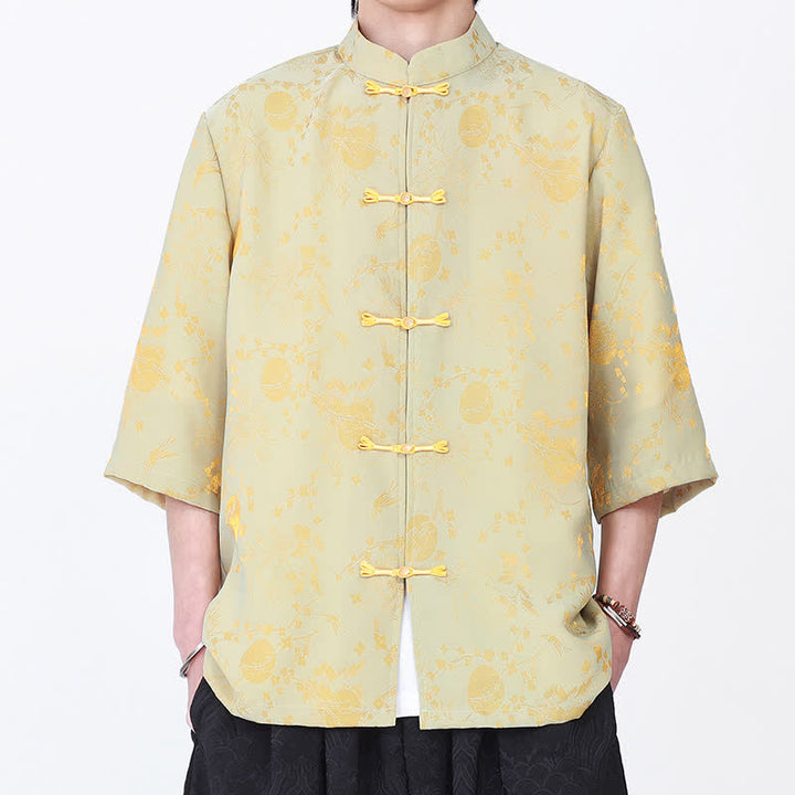 Buddha Stones Chemise d'été élégante vintage à col mandarin, motif nuage doré et manches coudes pour homme - image 5