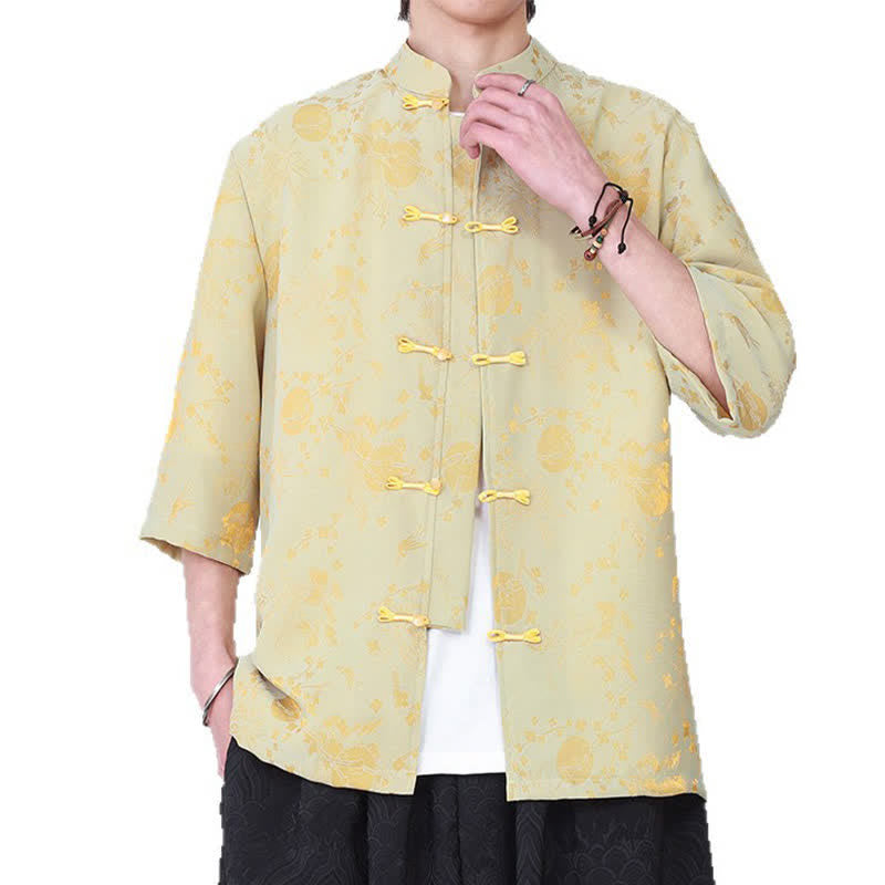 Buddha Stones Chemise d'été élégante vintage à col mandarin, motif nuage doré et manches coudes pour homme - image 3