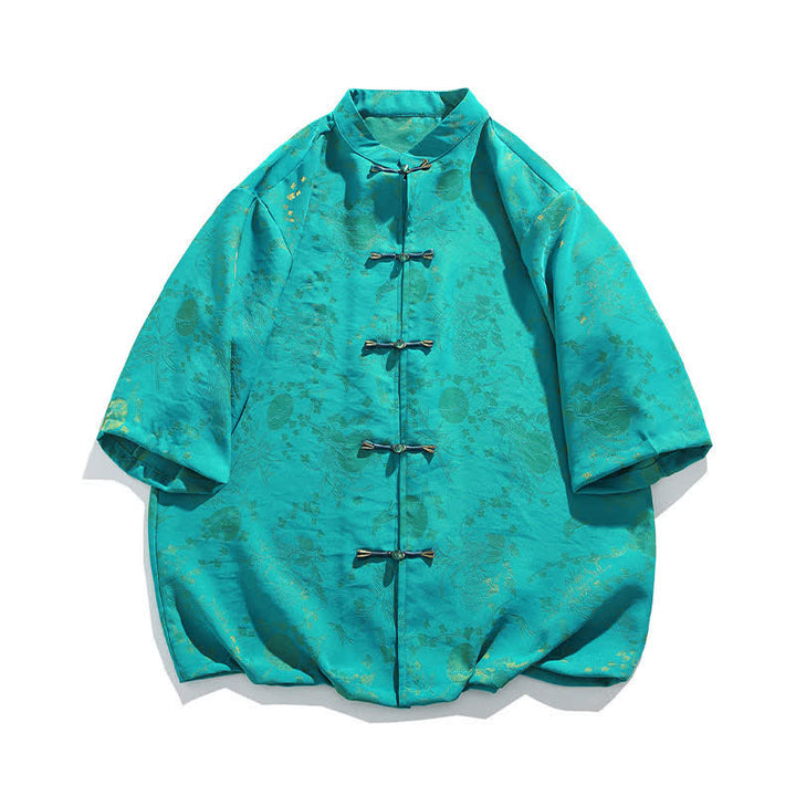 Buddha Stones Chemise d'été élégante vintage à col mandarin, motif nuage doré et manches coudes pour homme - image 14