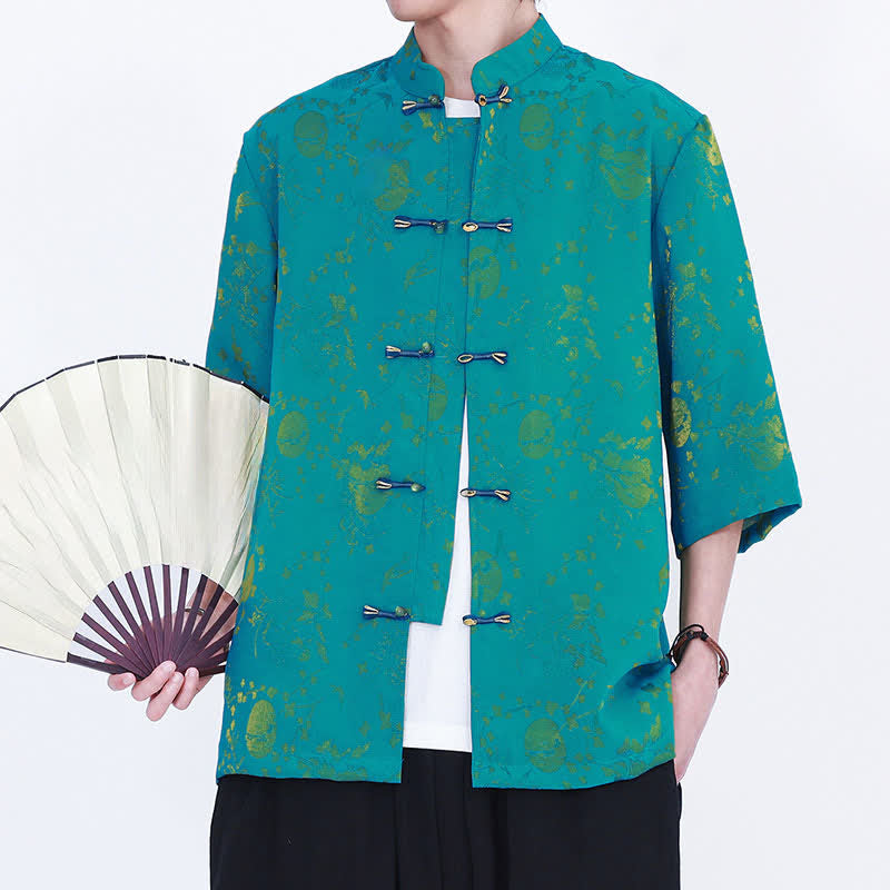 Buddha Stones Chemise d'été élégante vintage à col mandarin, motif nuage doré et manches coudes pour homme - image 10