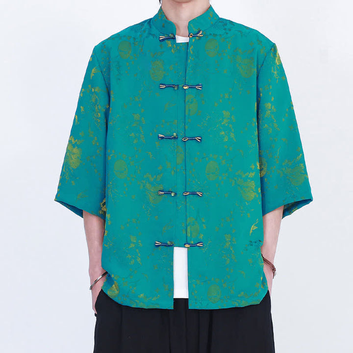 Buddha Stones Chemise d'été élégante vintage à col mandarin, motif nuage doré et manches coudes pour homme - image 12
