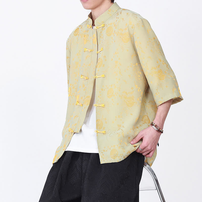 Buddha Stones Chemise d'été élégante vintage à col mandarin, motif nuage doré et manches coudes pour homme - image 1