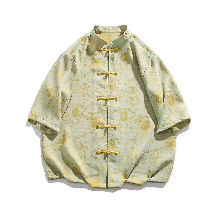Buddha Stones Chemise d'été élégante vintage à col mandarin, motif nuage doré et manches coudes pour homme - image 6