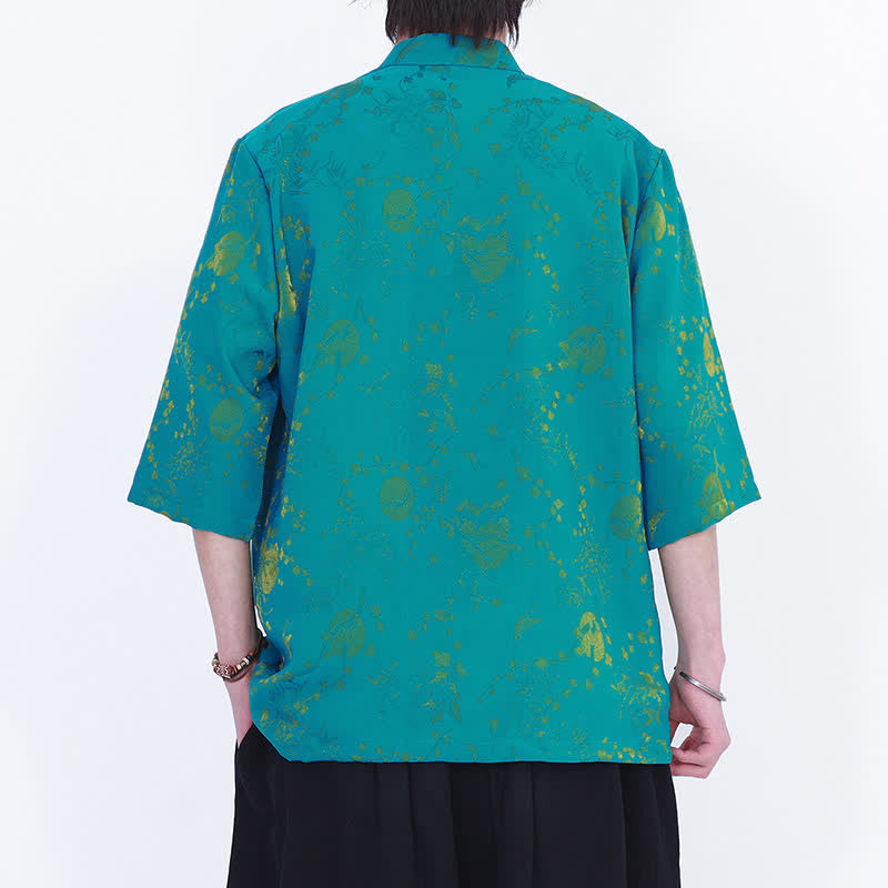 Buddha Stones Chemise d'été élégante vintage à col mandarin, motif nuage doré et manches coudes pour homme - image 9