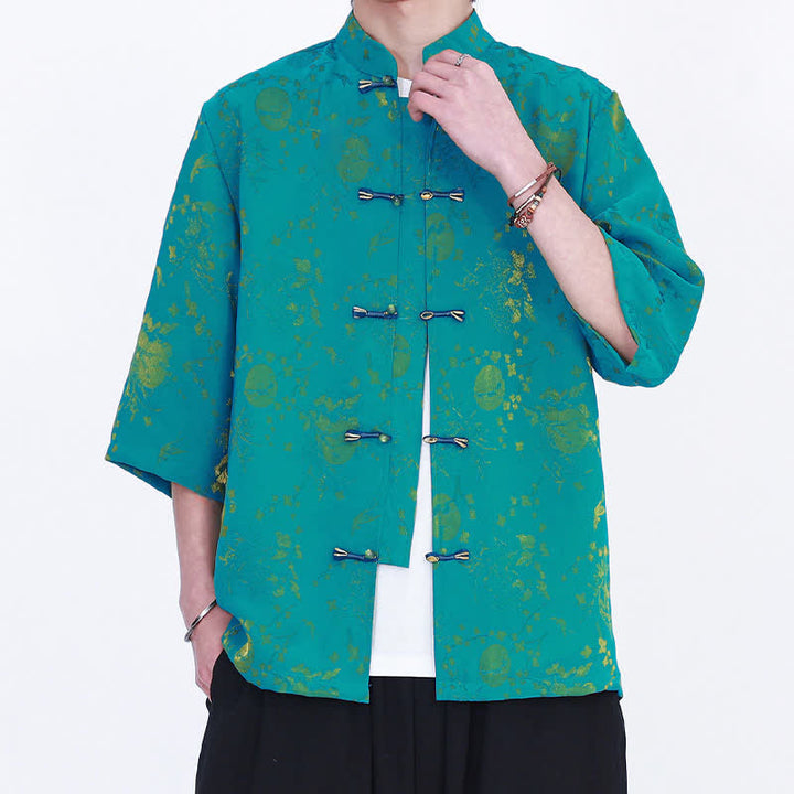 Buddha Stones Chemise d'été élégante vintage à col mandarin, motif nuage doré et manches coudes pour homme - image 11