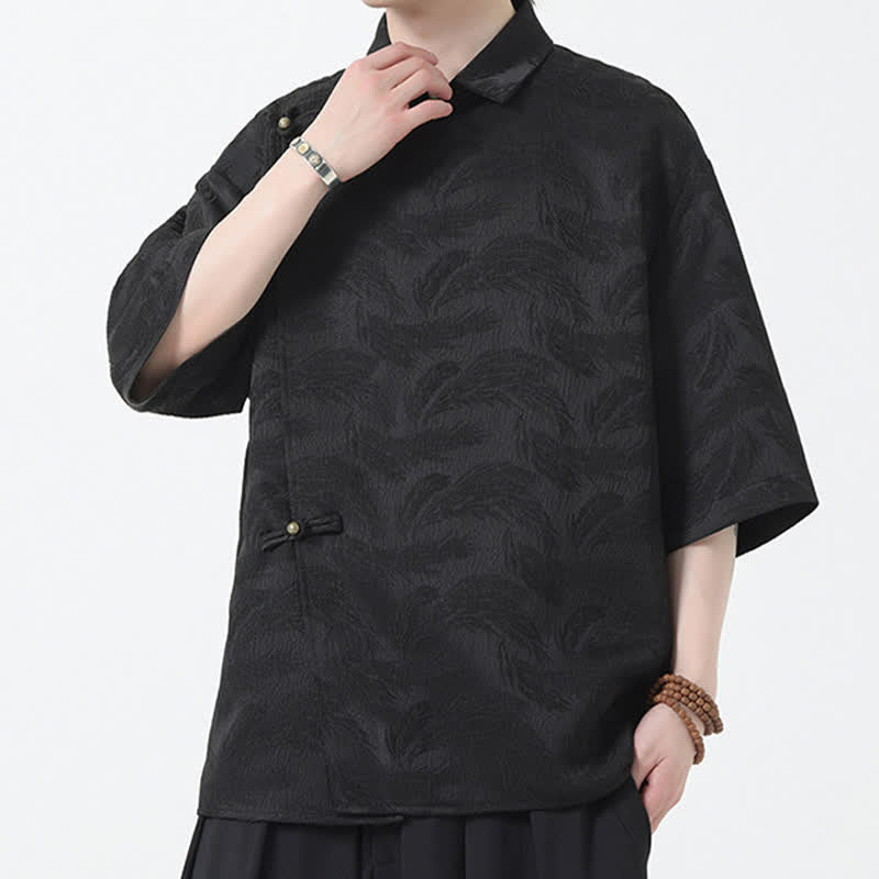 Buddha Stones Chemise d'été pour homme à col mandarin, en jacquard texturé et manches coudes - image 5