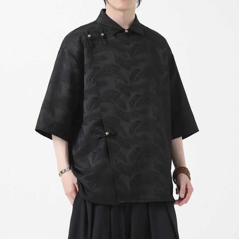Buddha Stones Chemise d'été pour homme à col mandarin, en jacquard texturé et manches coudes - image 1
