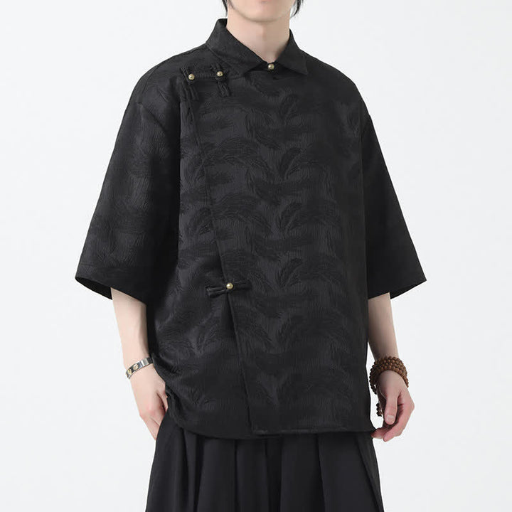 Buddha Stones Chemise d'été pour homme à col mandarin, en jacquard texturé et manches coudes - image 1