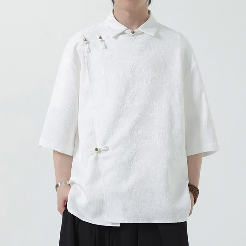 Buddha Stones Chemise d'été pour homme à col mandarin, en jacquard texturé et manches coudes - image 12