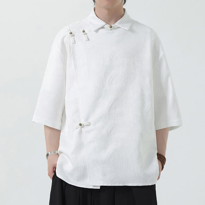 Buddha Stones Chemise d'été pour homme à col mandarin, en jacquard texturé et manches coudes - image 12