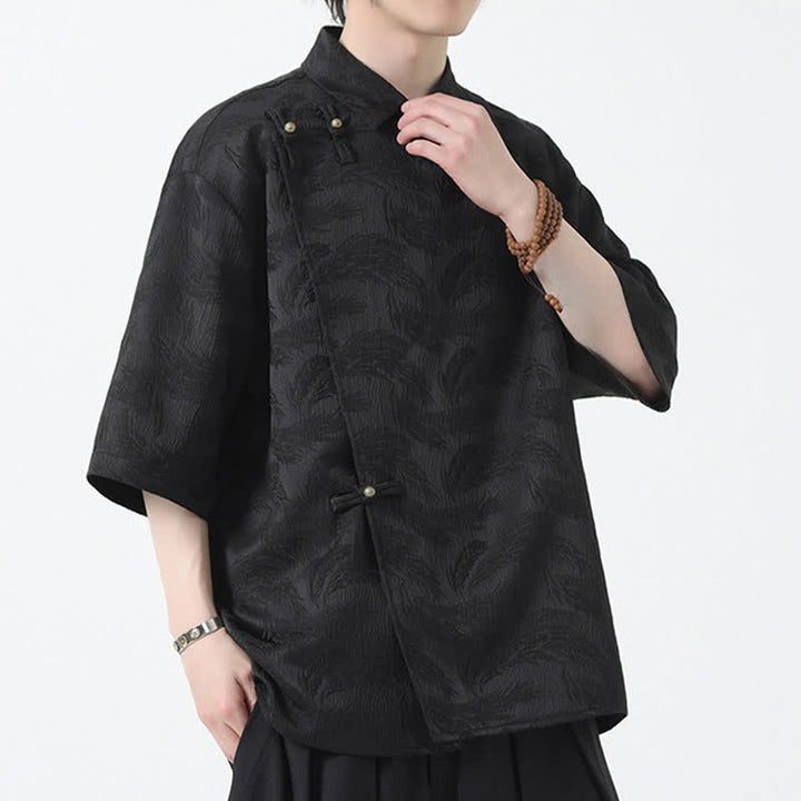 Buddha Stones Chemise d'été pour homme à col mandarin, en jacquard texturé et manches coudes - image 2