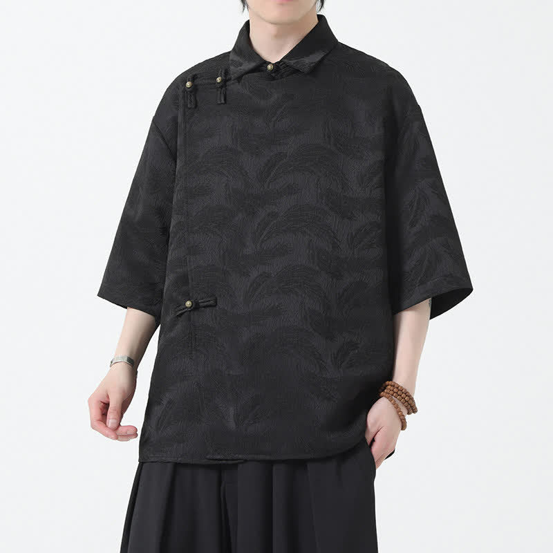 Buddha Stones Chemise d'été pour homme à col mandarin, en jacquard texturé et manches coudes - image 0