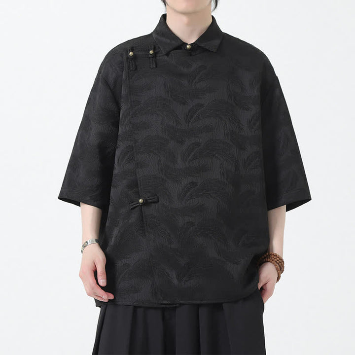 Buddha Stones Chemise d'été pour homme à col mandarin, en jacquard texturé et manches coudes - image 4