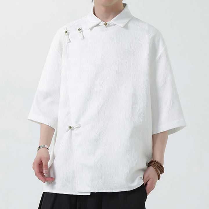 Buddha Stones Chemise d'été pour homme à col mandarin, en jacquard texturé et manches coudes - image 8